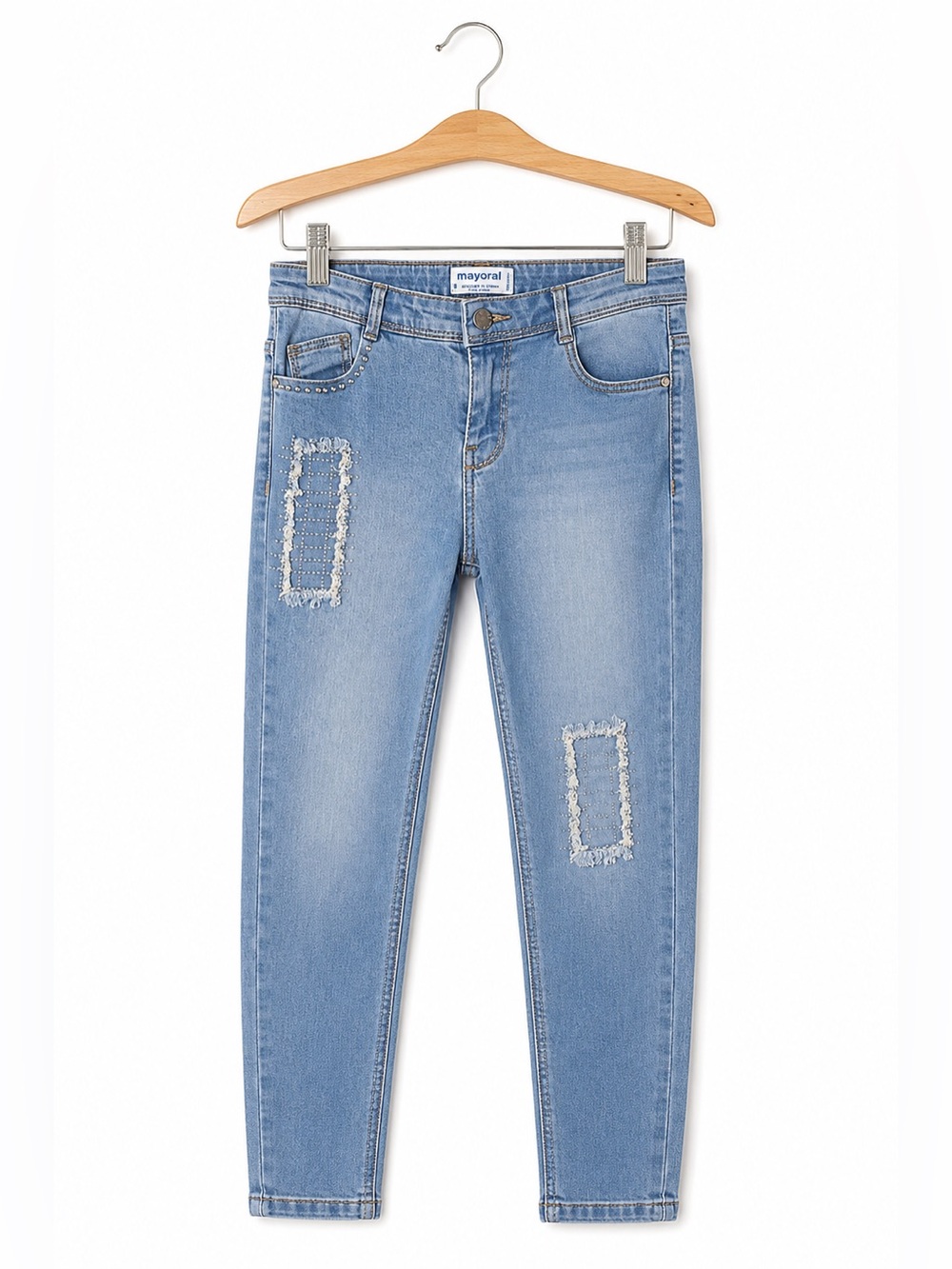 Mayoral Girls Skinny Jeans Size 8 Light Wash Distressed Studded Patch Denim